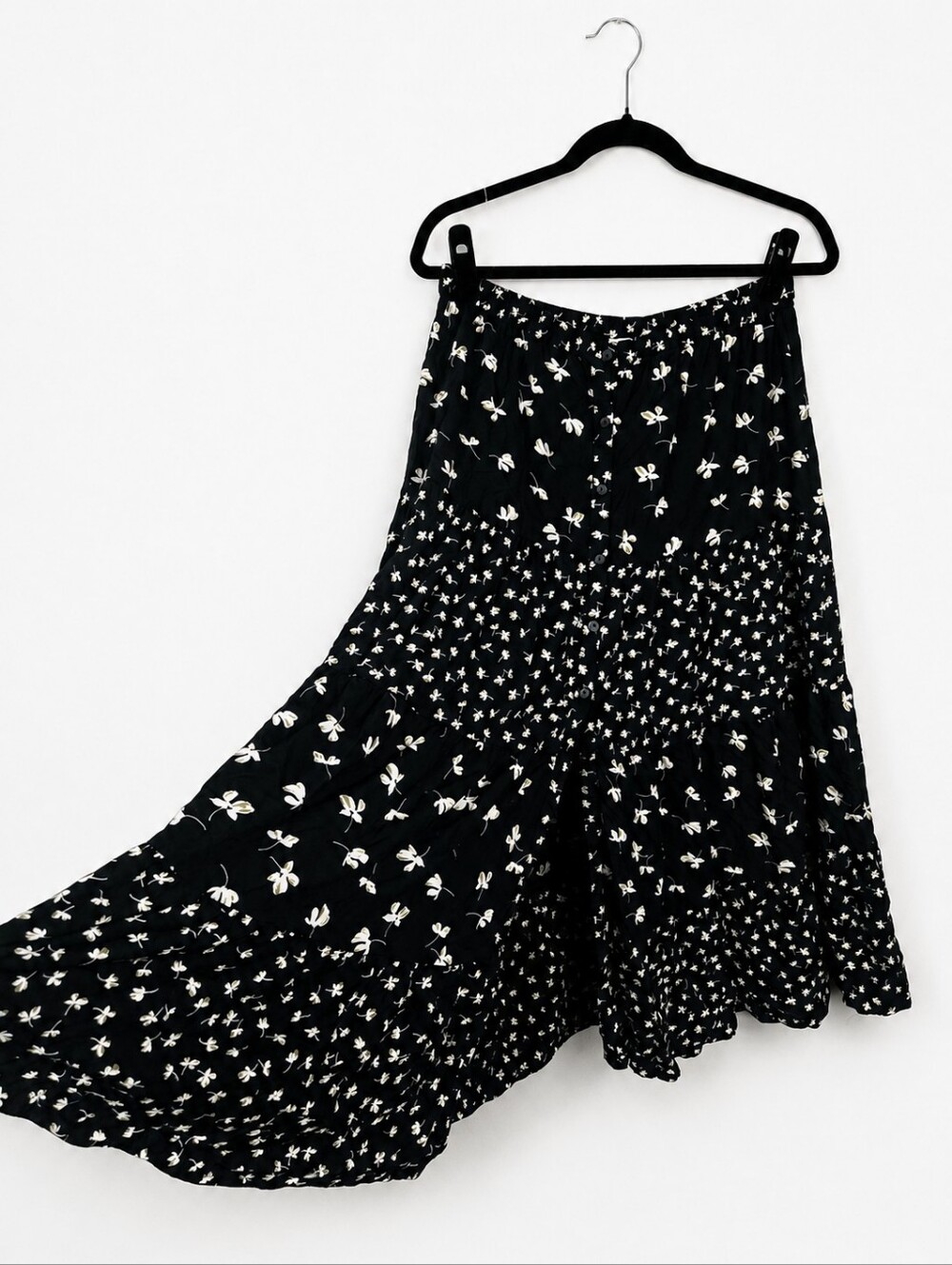 Patrons of Peace Black Ditsy Floral Button Front Elastic Waist Boho Midi Skirt L